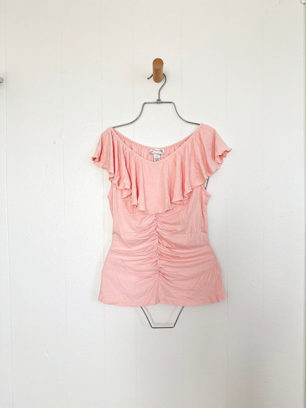 Vintage Y2K Kenar Off Shoulder Ruffle Front Ruched Top Peach Pink S